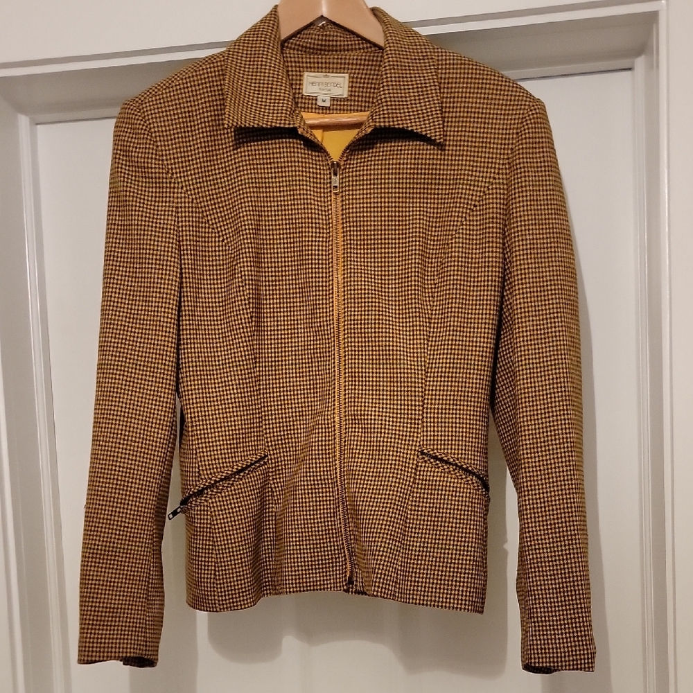 Henri Bendel Vintage Zip Up Jacket Yellow and Black Houndstooth Size M